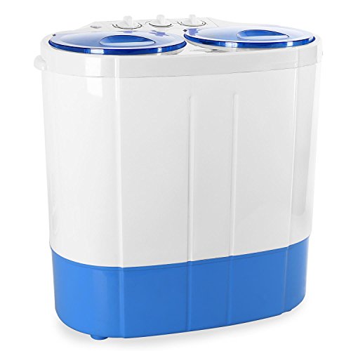 OneConcept DB003 Mini Camping Washing Machine - Compact Clothes Washer, For Outdoor Caravans Small Apartments and Travel, 2 kg Load Capacity, 250W/150W Rinse and Spin Power, White/Blue