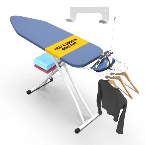 Xabitat Deluxe Ironing Board with Wall Mount - 144 cm x 38 cm, Storage Tray for Finished Clothes, Wire Rack for Hanging Shirts and Pants, Safety Iron Rest, Home Laundry Room or Dorm Use - Blue