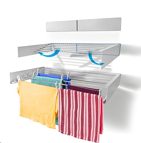Step Up Laundry Drying Rack Airer - Wall Mounted - Retractable - Clothes Drying Rack Collapsible Folding Indoor or Outdoor – Space Saver Compact Sleek Design (White 100cm)